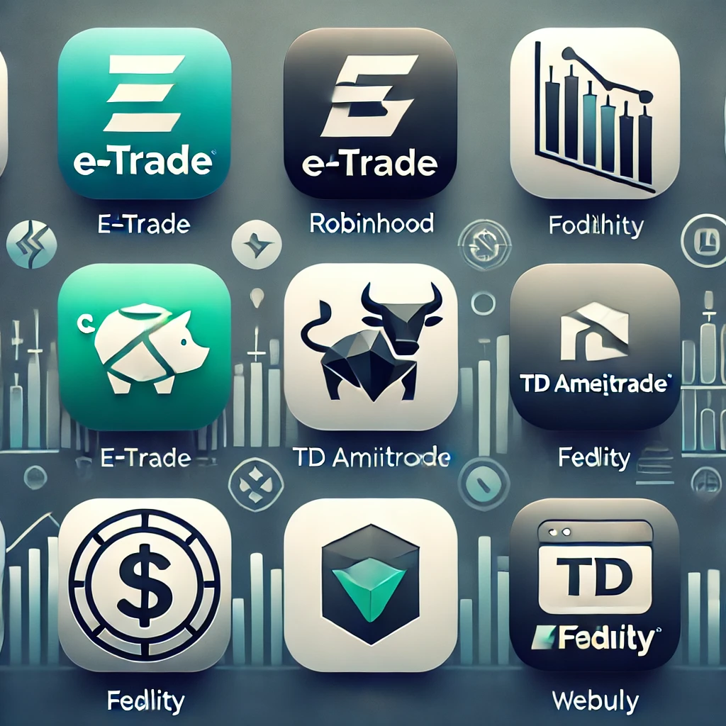 DALL·E 2025 01 03 15.38.38 A collage of popular trading app icons including E TRADE Robinhood TD Ameritrade Fidelity and Webull. Each icon is prominently displayed in a vis