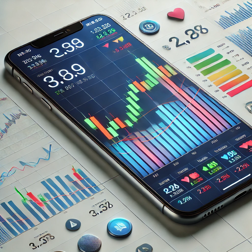 DALL·E 2025 01 03 15.38.41 A realistic image of a smartphone displaying a stock trading interface. The screen shows live stock prices a candlestick chart and notifications for