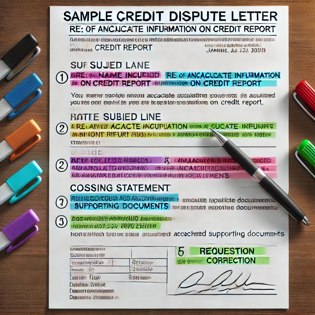 DALL·E 2025 02 05 10.53.03 A sample credit dispute letter with highlighted sections. The letter is on a clean white sheet of paper with the following parts highlighted in diffe